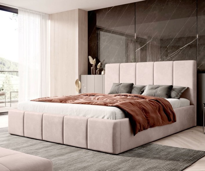 Łóżko tapicerowane z pojemnikiem SFG0114 | 160x200 | Welur | Beżowy | OUTLET