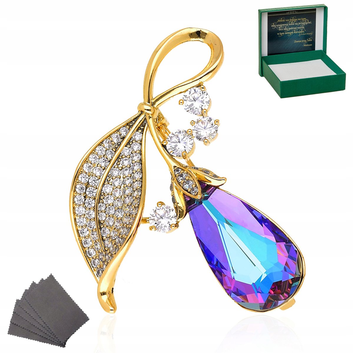ZŁOTA BROSZKA SAPPHIRE CRYSTAL PREZENT + GRAWER