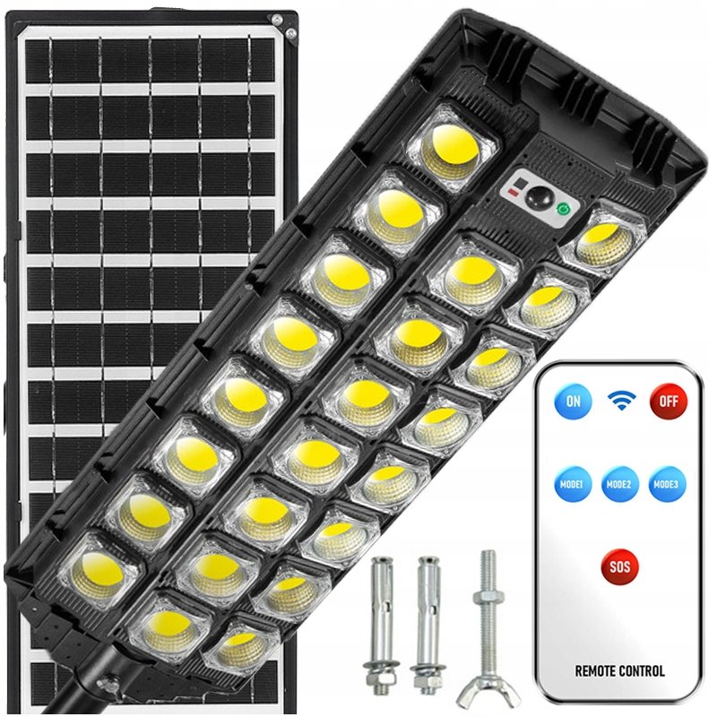 MOCNA LAMPA SOLARNA LED Z CZUJNIKIEM RUCHU I ZMIERZCHU 2200W +PILOT +UCHWYT