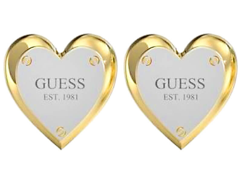 Kolczyki GUESS dwukolorowe serca z napisem na sztyft HEART LOCK STUDS