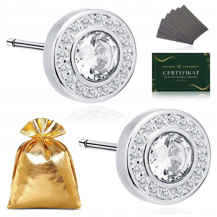 KOLCZYKI SREBRNE OKRĄGŁE Z CYRKONIAMI SZTYFTY WKRĘTKI BIAŁY KAMIEŃ PR. 925