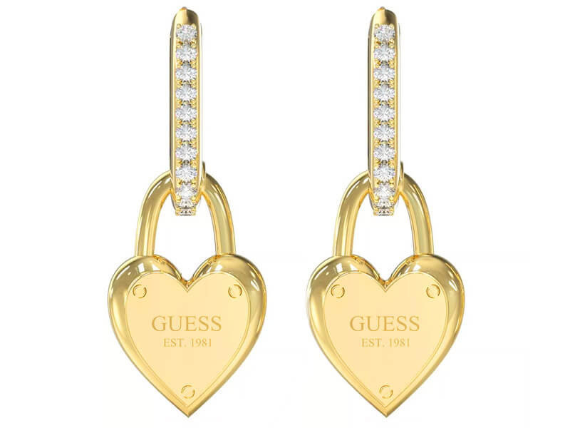 Kolczyki GUESS pozłacane serca z cyrkoniami i napisem angielskie zapięcie PAVE HEART LOCK