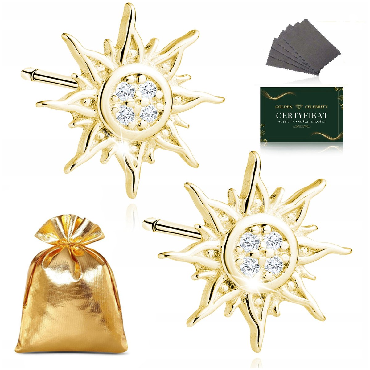ZŁOTE KOLCZYKI DAMSKIE 925 POZŁACANE WKRĘTKI SŁONECZKA Z CYRKONIAMI PREZENT