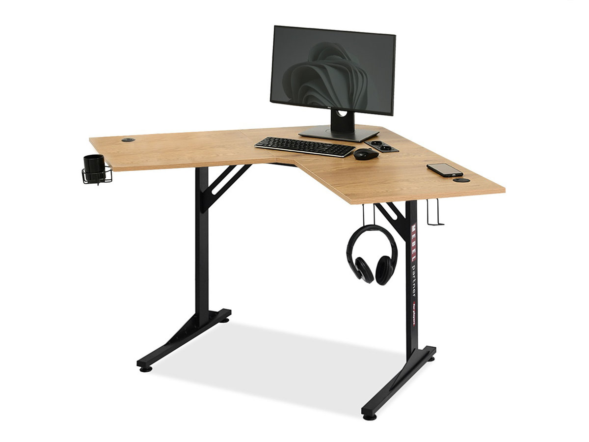 NAROŻNE BIURKO DO PRACY W STYLU LOFTOWYM MADS C DĄB CZARNA NOGA