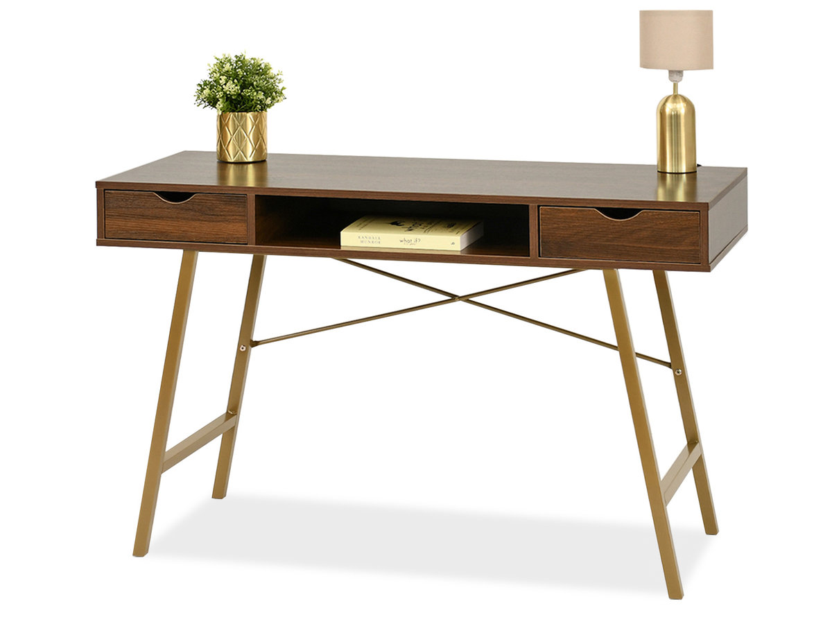 MODNE DREWNIANE BIURKO Z SZUFLADAMI ORZECH NA ZŁOTEJ PODSTAWIE GAVLE