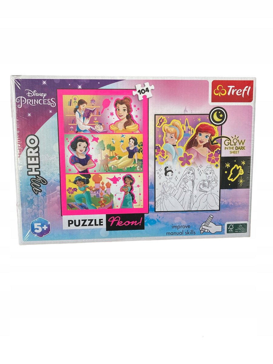 Puzzle Neon 104 Disney Princess + plakat świecący w ciemności 93397
