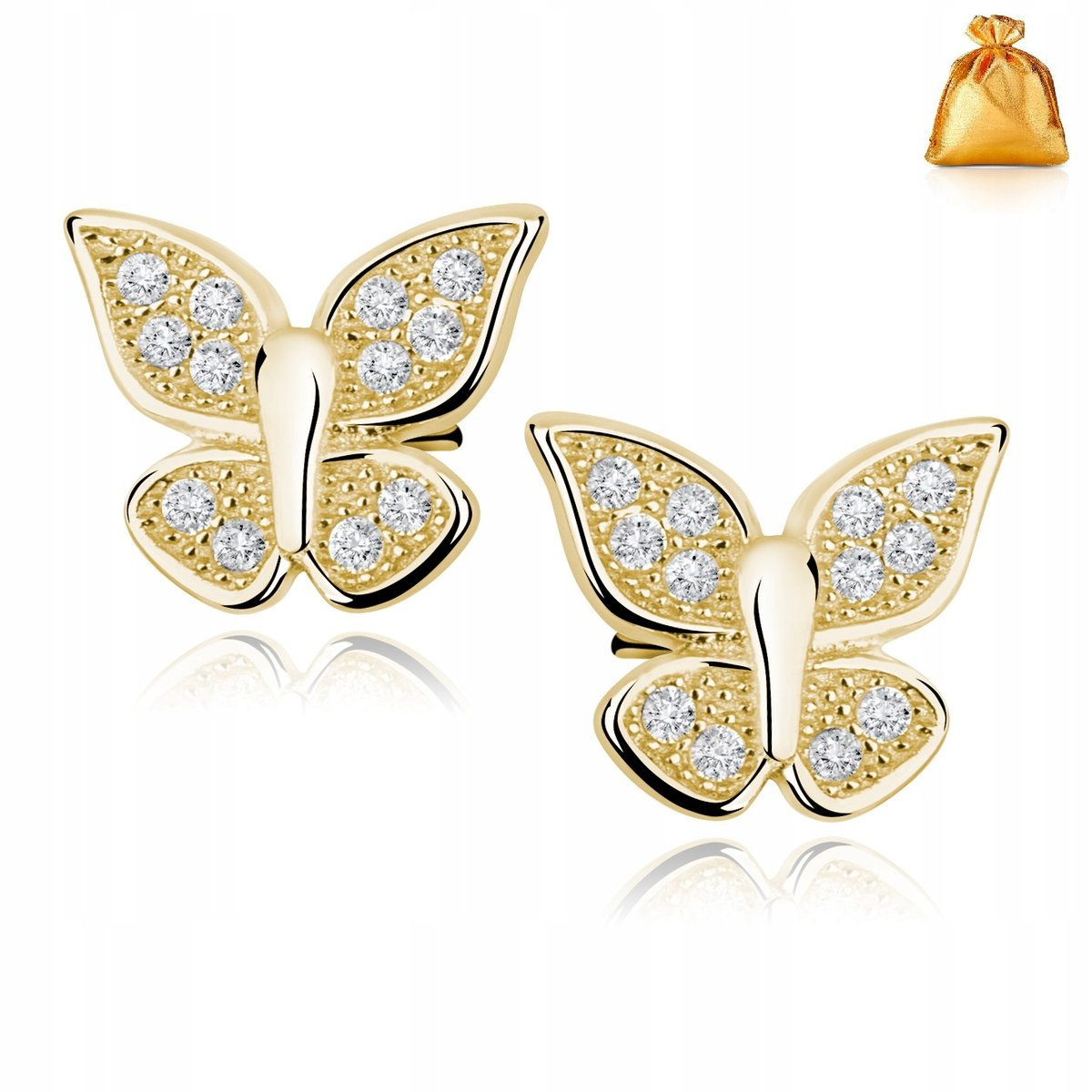 PIĘKNE ZŁOTE KOLCZYKI MOTYLKI / MOTYLE Z CYRKONIAMI 925 SREBRO ZŁOCONE 14K