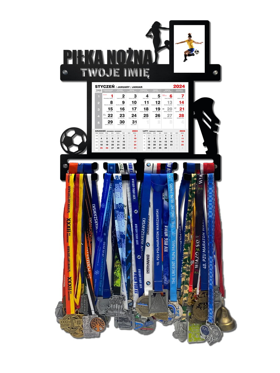 Wieszak na medale PIŁKA NOŻNA z kalendarzem i ramką na zdjęcie twoje imię dowolny tekst 388.1