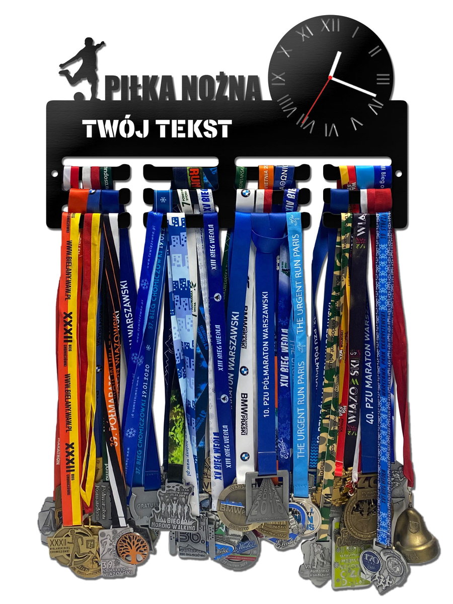Wieszak na medale z zegarem PIŁKA NOŻNA twoje imię dowolny tekst 488.1