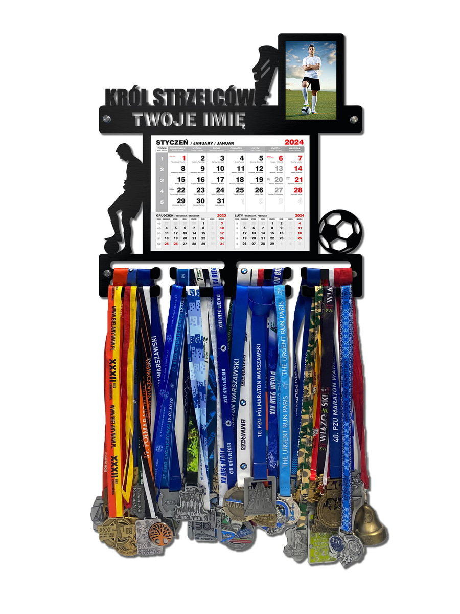 Wieszak na medale PIŁKA NOŻNA z kalendarzem i ramką na zdjęcie twoje imię dowolny tekst 387.1