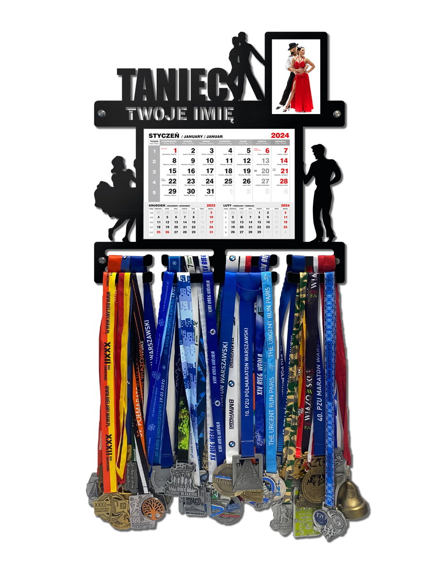Wieszak na medale TANIEC z kalendarzem i ramką na zdjęcie twoje imię dowolny tekst 393.1