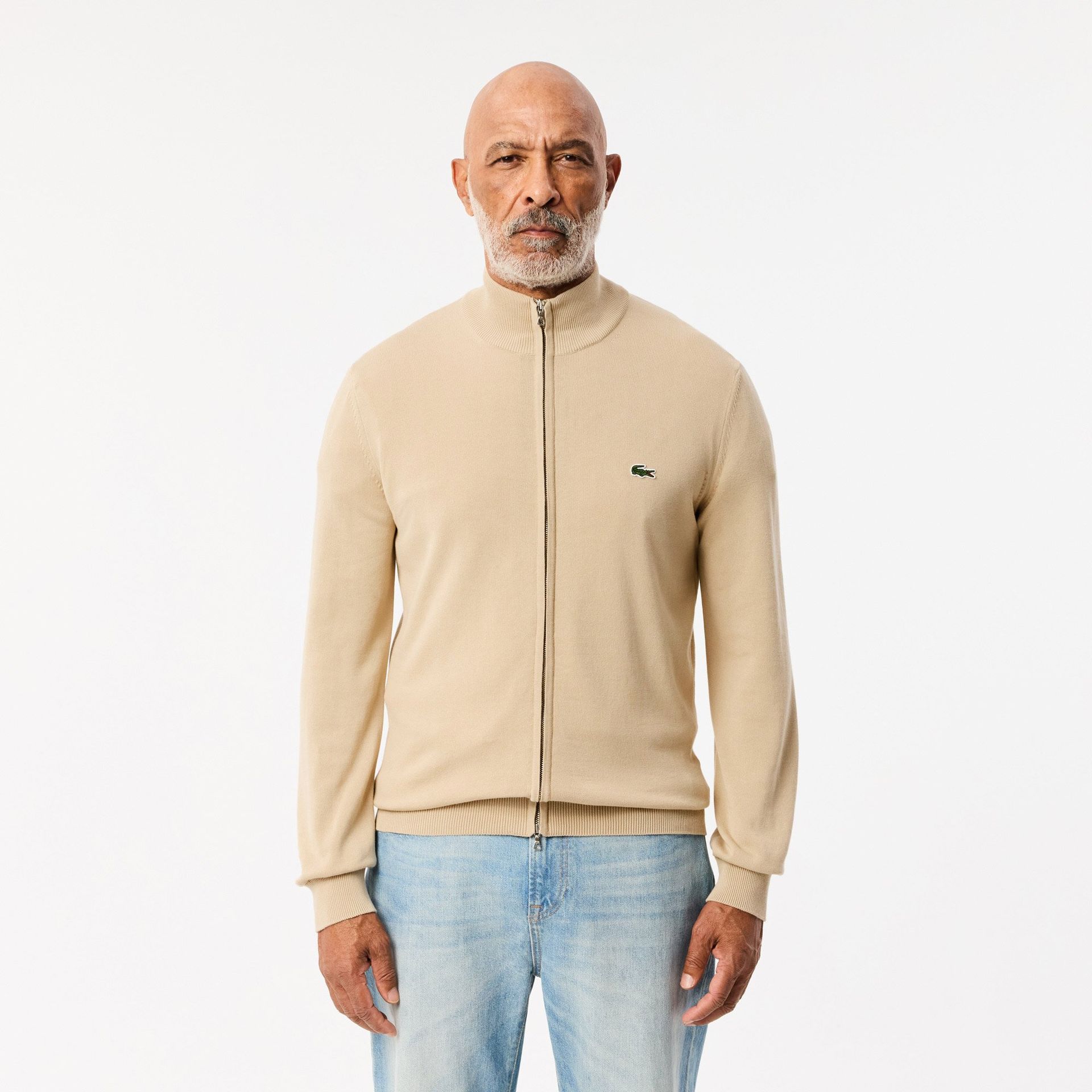 Monochromatyczny bawełniany sweter z wysokim kołnierzem i zamkiem błyskawicznym