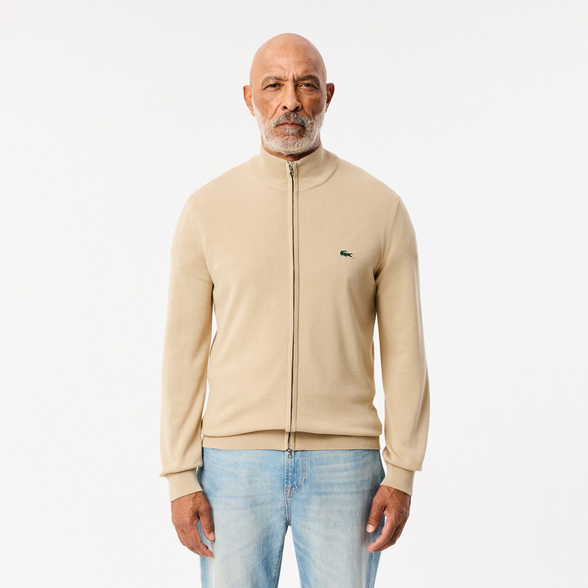 Monochromatyczny bawełniany sweter z wysokim kołnierzem i zamkiem błyskawicznym