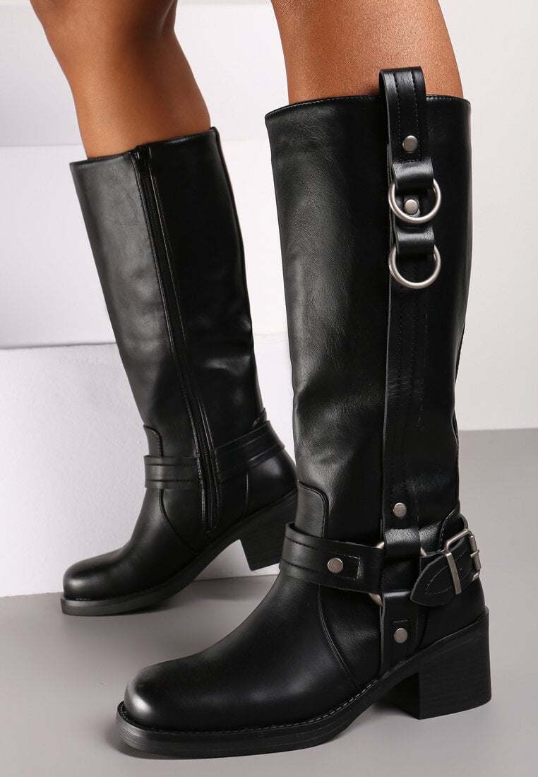 Czarne Kozaki Bikery na Obcasie Ozdobione Klamrami Velaniela