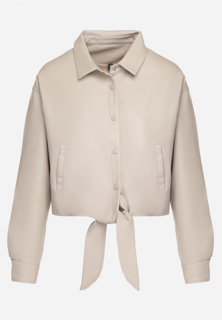 Beżowa Kurtka z Ekoskóry w Stylu Koszuli z Wiązaniem na Napy Braleth