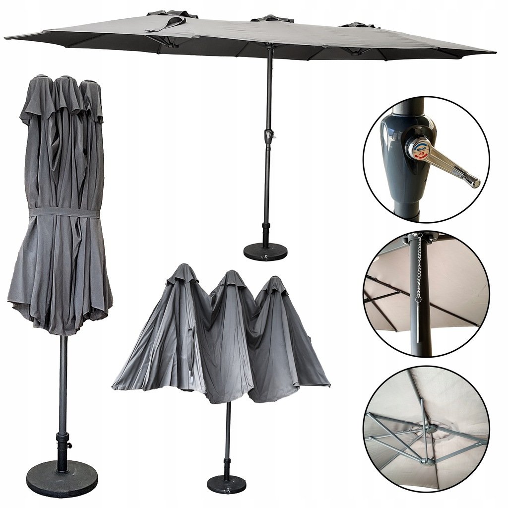 DUŻY ROZKŁADANY REGULOWANY PARASOL OGRODOWY 270x460CM PHOENIX C. SZARY