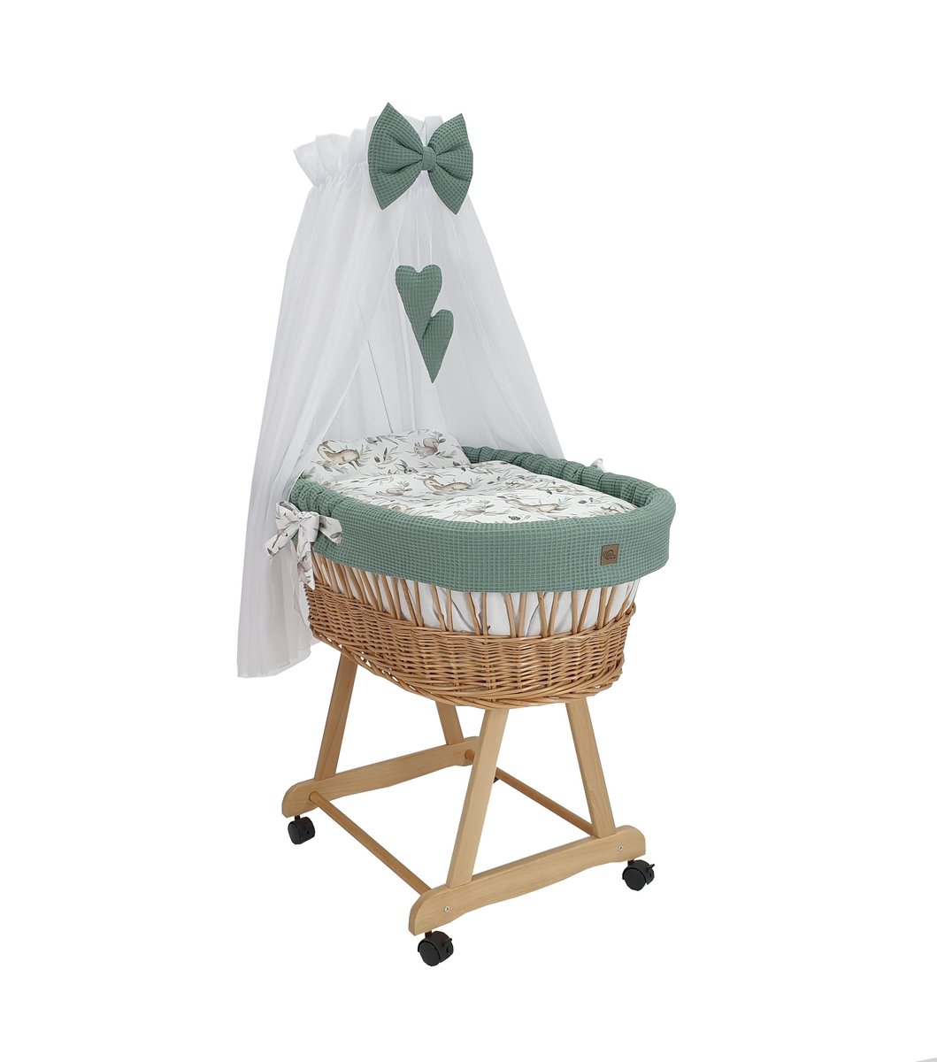 Wiklinowy kosz Mojżesza LENA naturalny z pościelą wafelkową khaki.