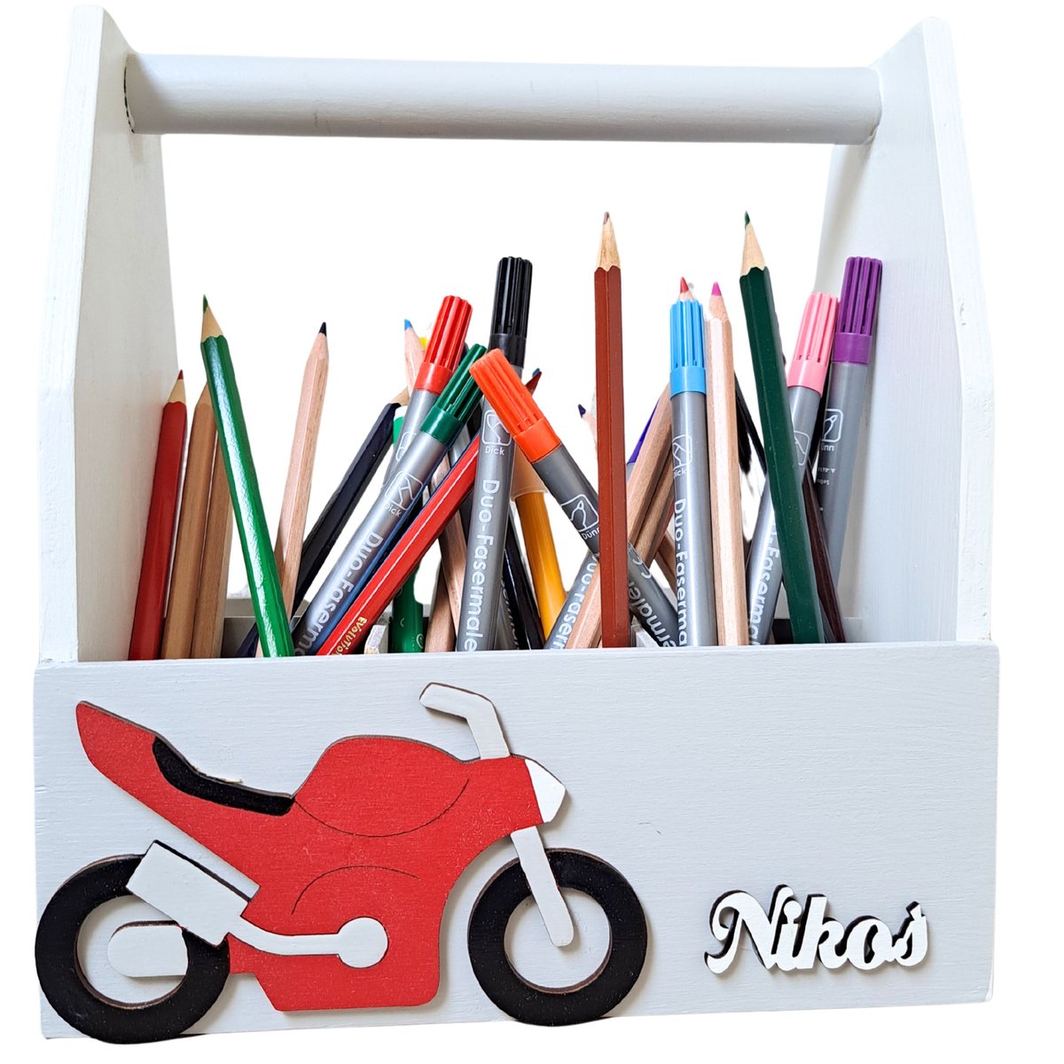 6 komorowy organizer na kredki z motocyklem szary