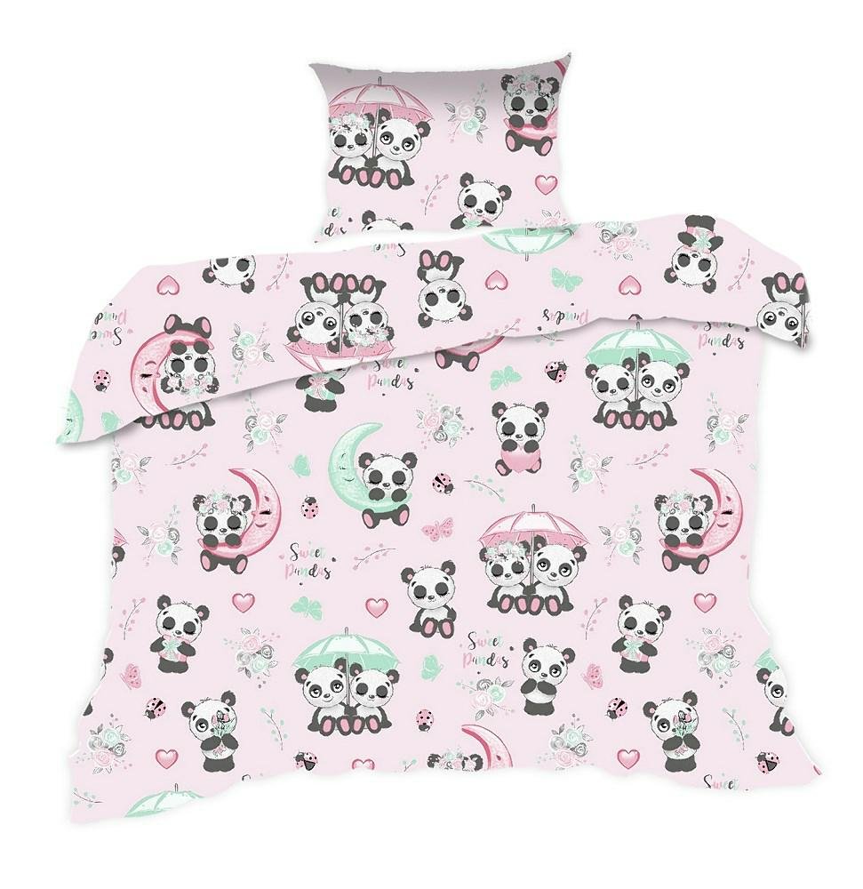 Pościel 100x135 pandy różówa kolorowa Kids z poszewką 40x60