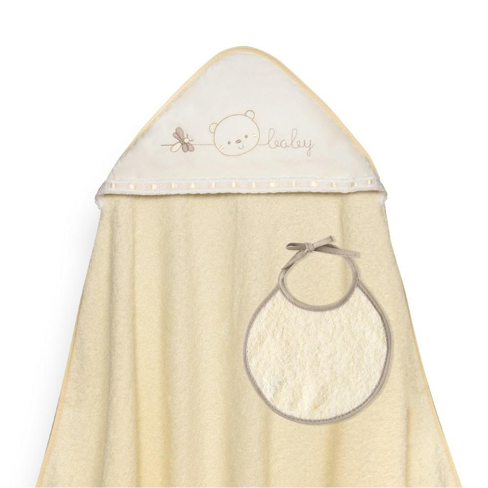 Okrycie kąpielowe 100x100 Baby beżowy ręcznik z kapturkiem + śliniaczek