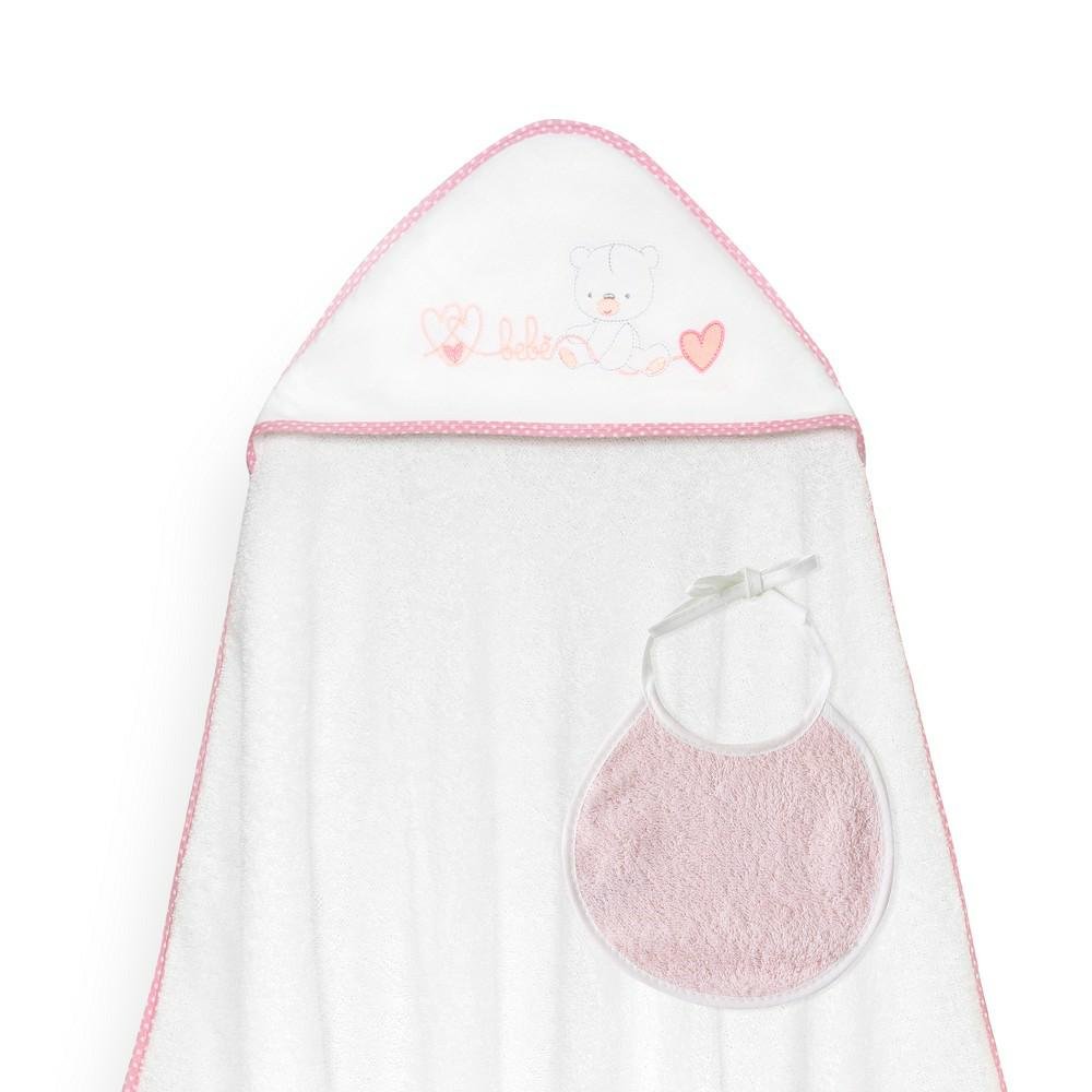 Okrycie kąpielowe 100x100 Corazones biały różowy ręcznik z kapturkiem + śliniaczek
