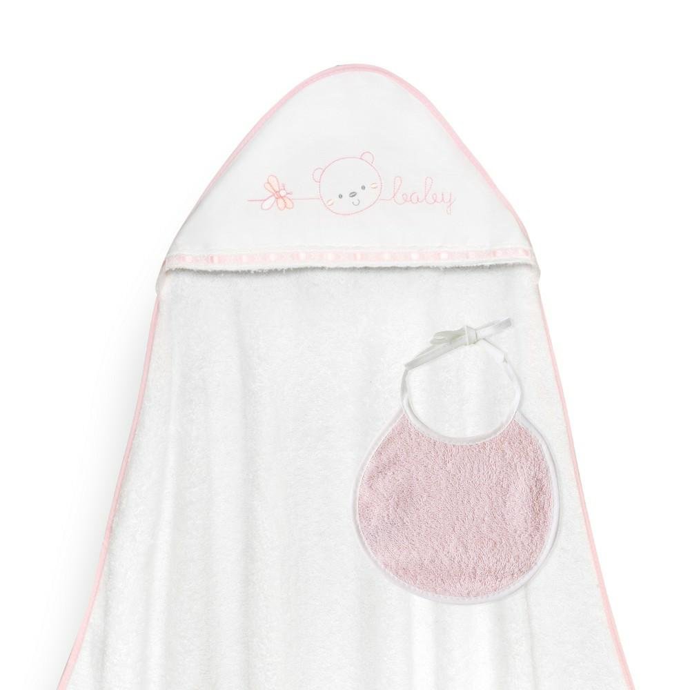 Okrycie kąpielowe 100x100 Baby biały różowy ręcznik z kapturkiem + śliniaczek