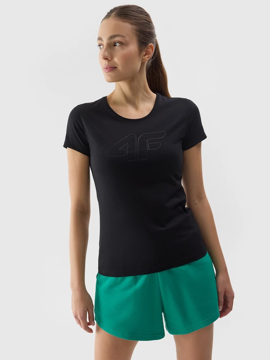T-shirt slim z logo damski 4F 4FWSS24TTSHF1163-20S Czarny