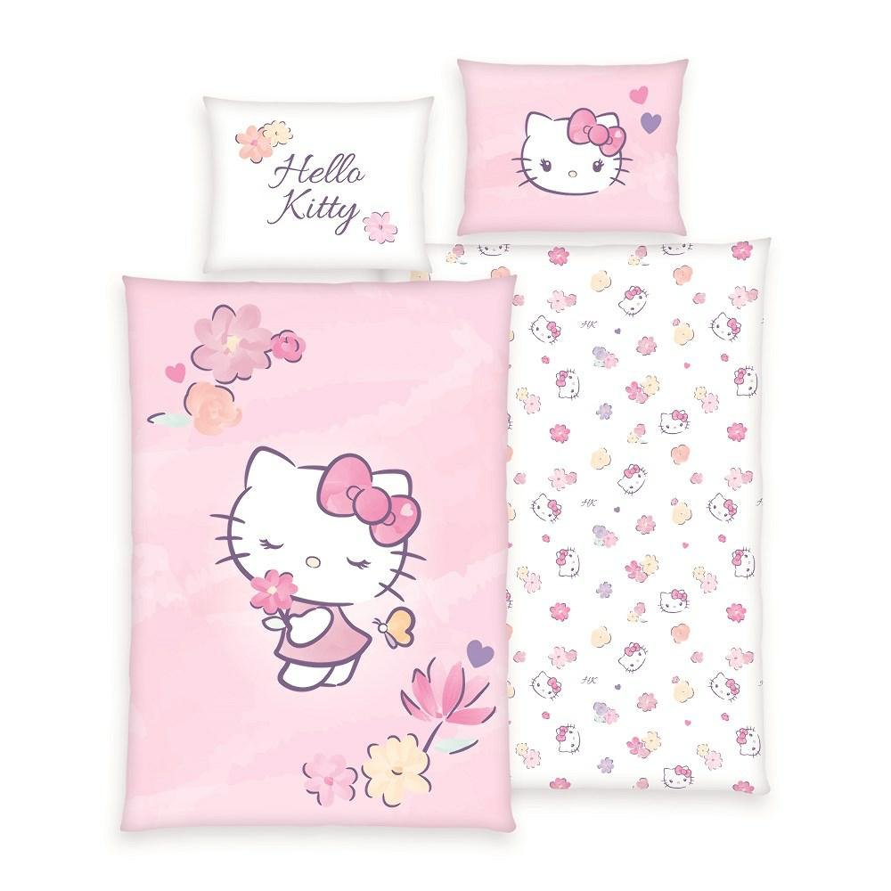 Pościel 140x200 Hello Kitty kwiaty różowa poszewka 70x90