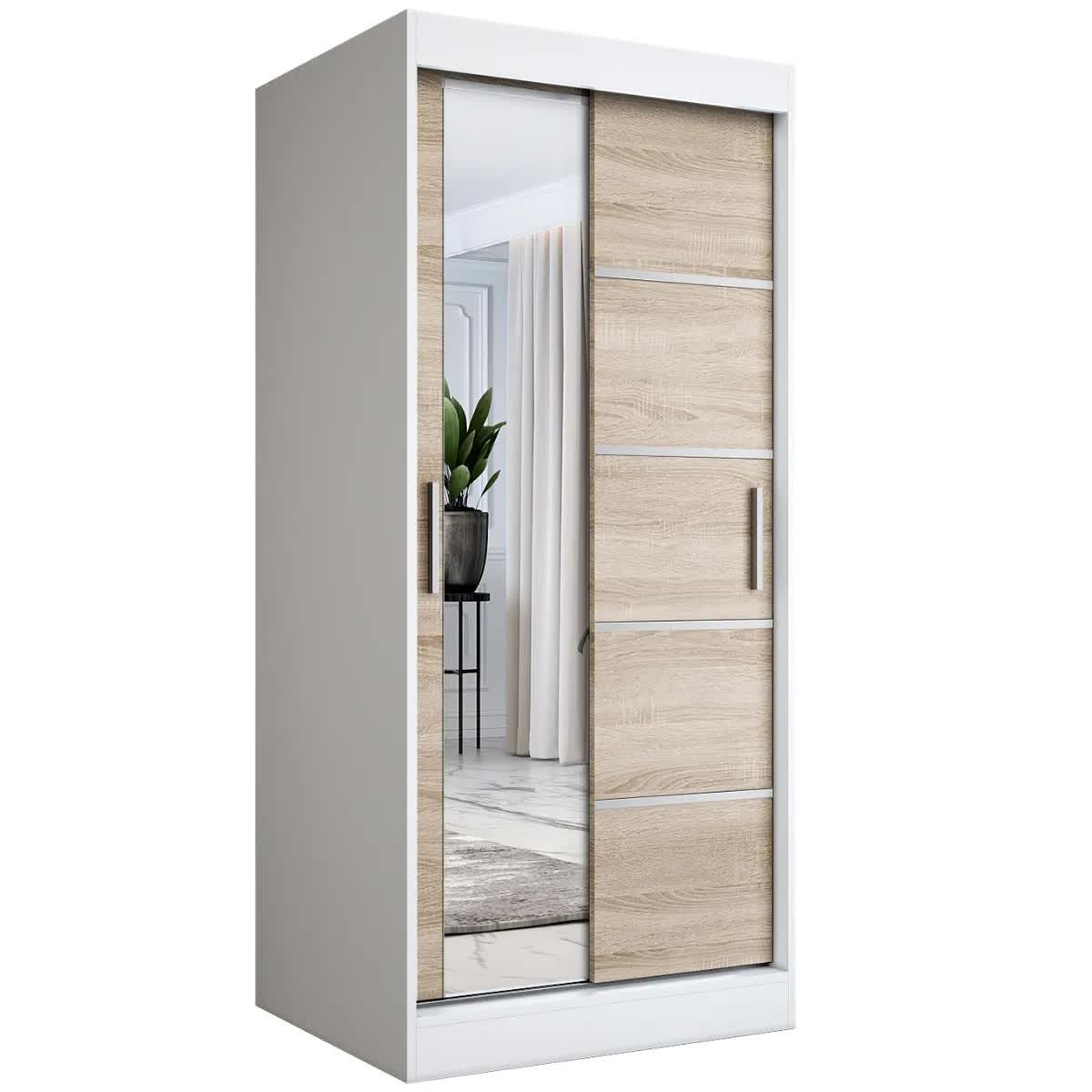 Szafa przesuwna MODUO COMFORT 3 90 biała mat/dąb sonoma z lustrem