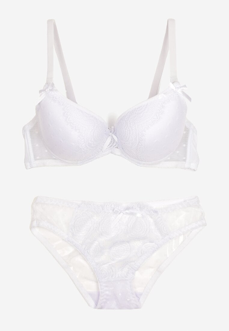 Biały Komplet z Koronki Majtki Typu Figi i Biustonosz z Kokardami i Usztywnieniem Arrbelia