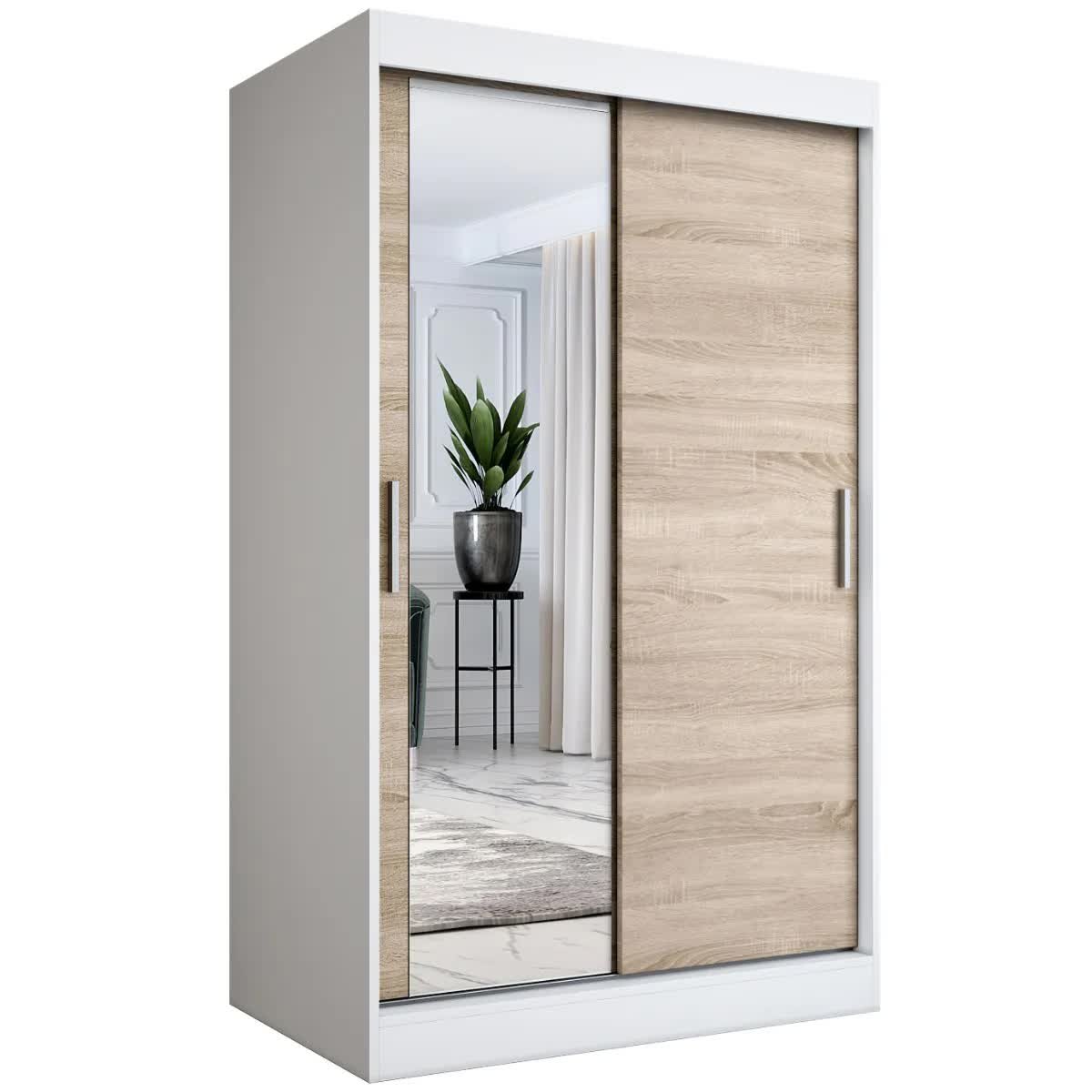 Szafa przesuwna MODUO COMFORT 120 biała mat/dąb sonoma z lustrem po lewej