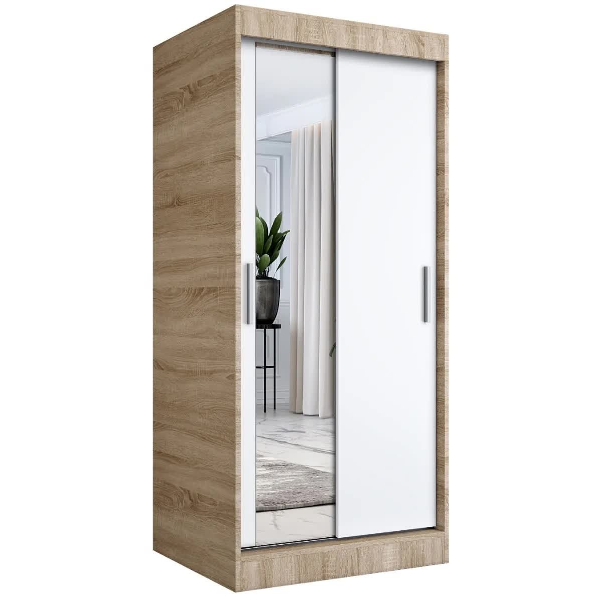 Szafa przesuwna MODUO COMFORT 120 dąb sonoma/biała mat z lustrem po lewej