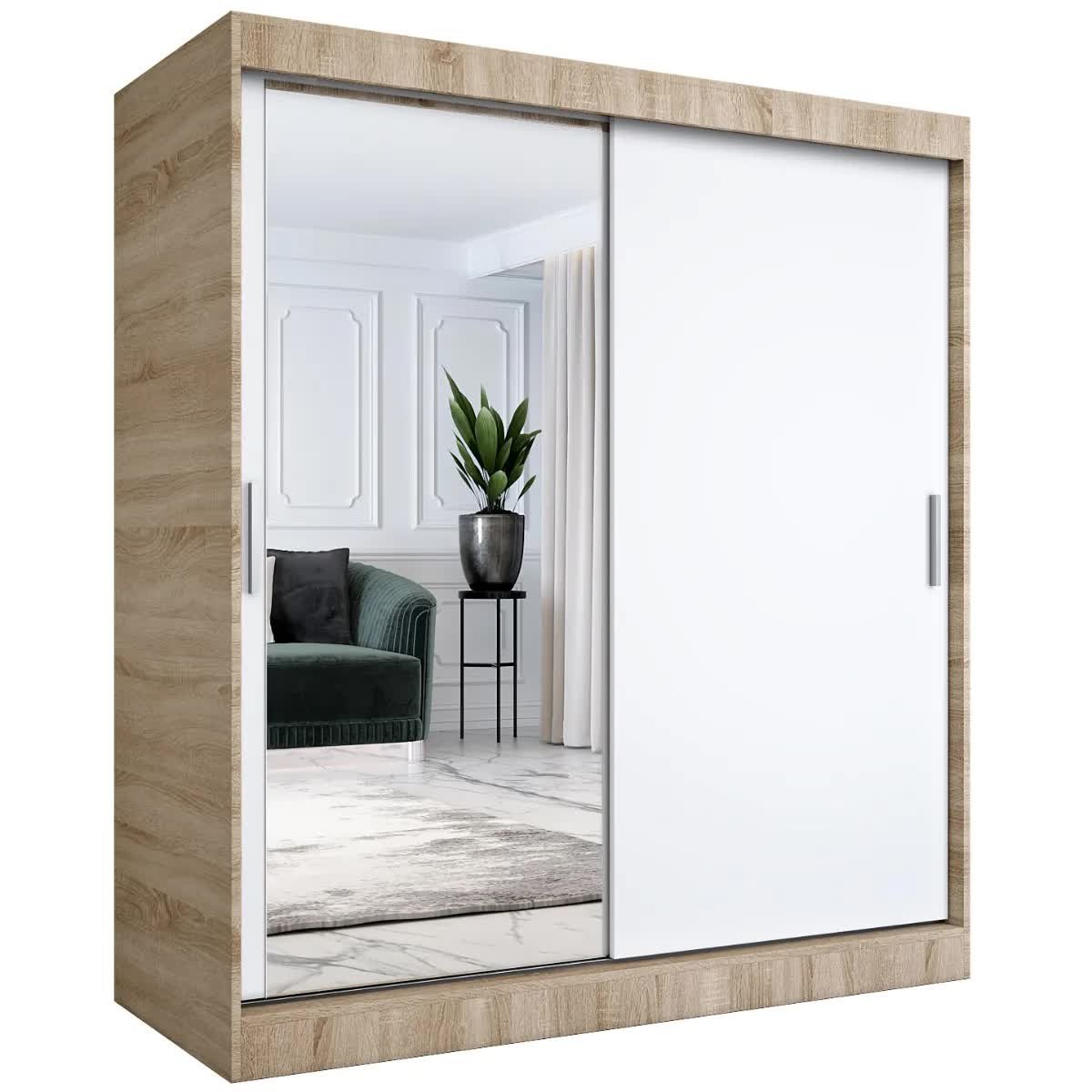 Szafa przesuwna MODUO COMFORT 180 dąb sonoma/biała mat z lustrem po lewej