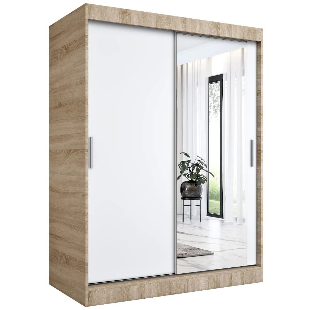 Szafa przesuwna MODUO COMFORT 150 dąb sonoma/biała mat z lustrem po prawej