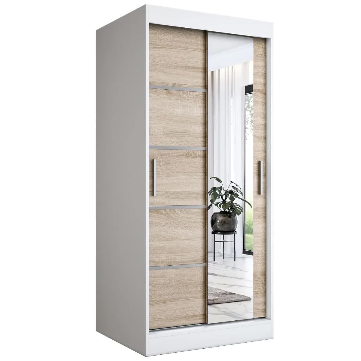 Szafa przesuwna MODUO COMFORT 2 90 biała mat/dąb sonoma z lustrem