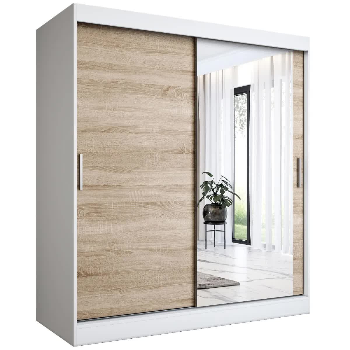 Szafa przesuwna MODUO COMFORT 180 biała mat/dąb sonoma z lustrem po prawej