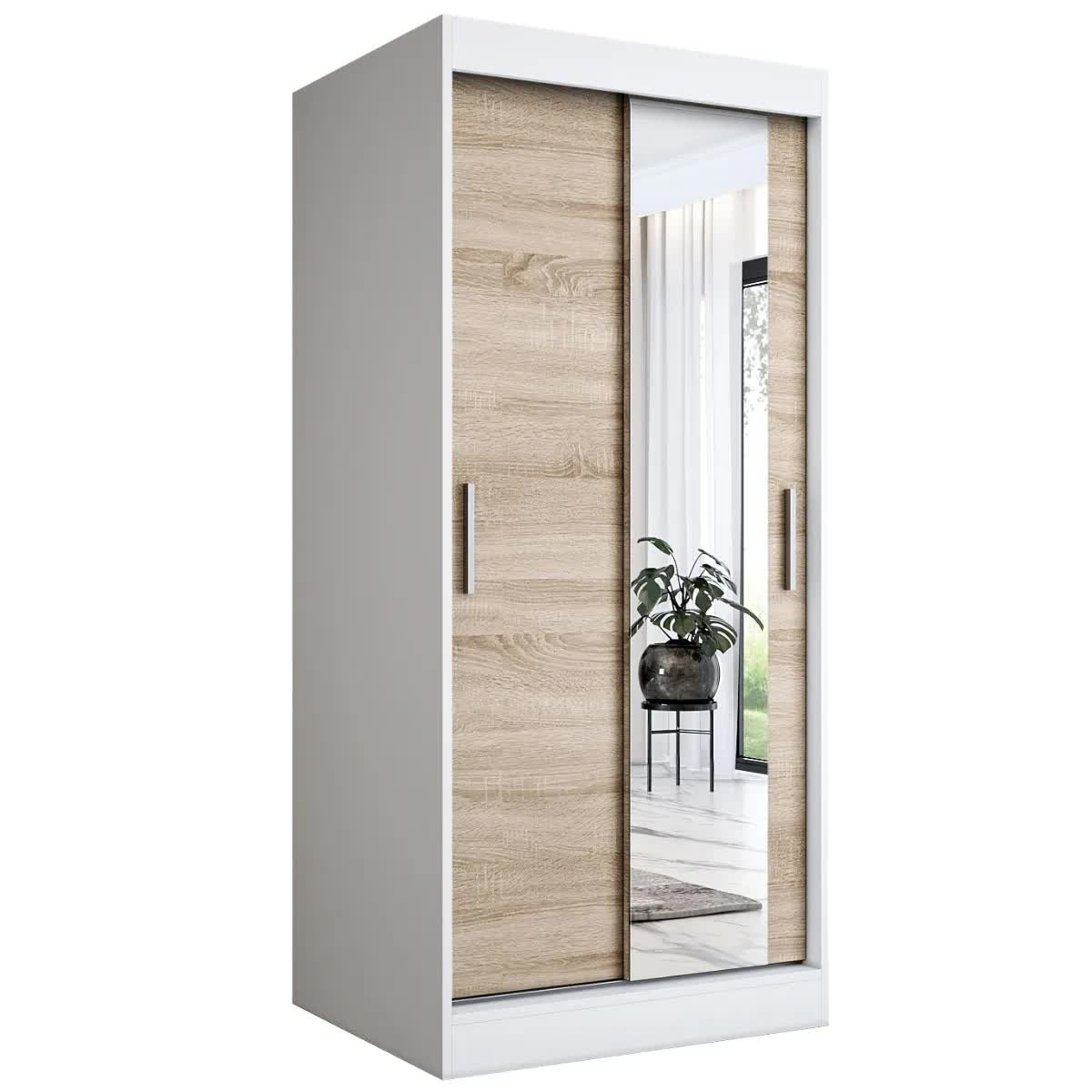 Szafa przesuwna MODUO COMFORT 90 biała mat/dąb sonoma z lustrem po prawej