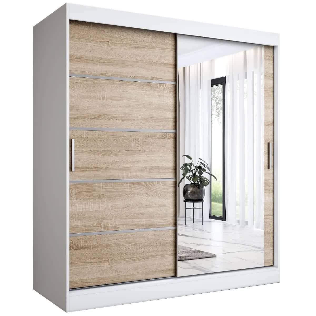 Szafa przesuwna MODUO COMFORT 2 180 biała mat/dąb sonoma z lustrem