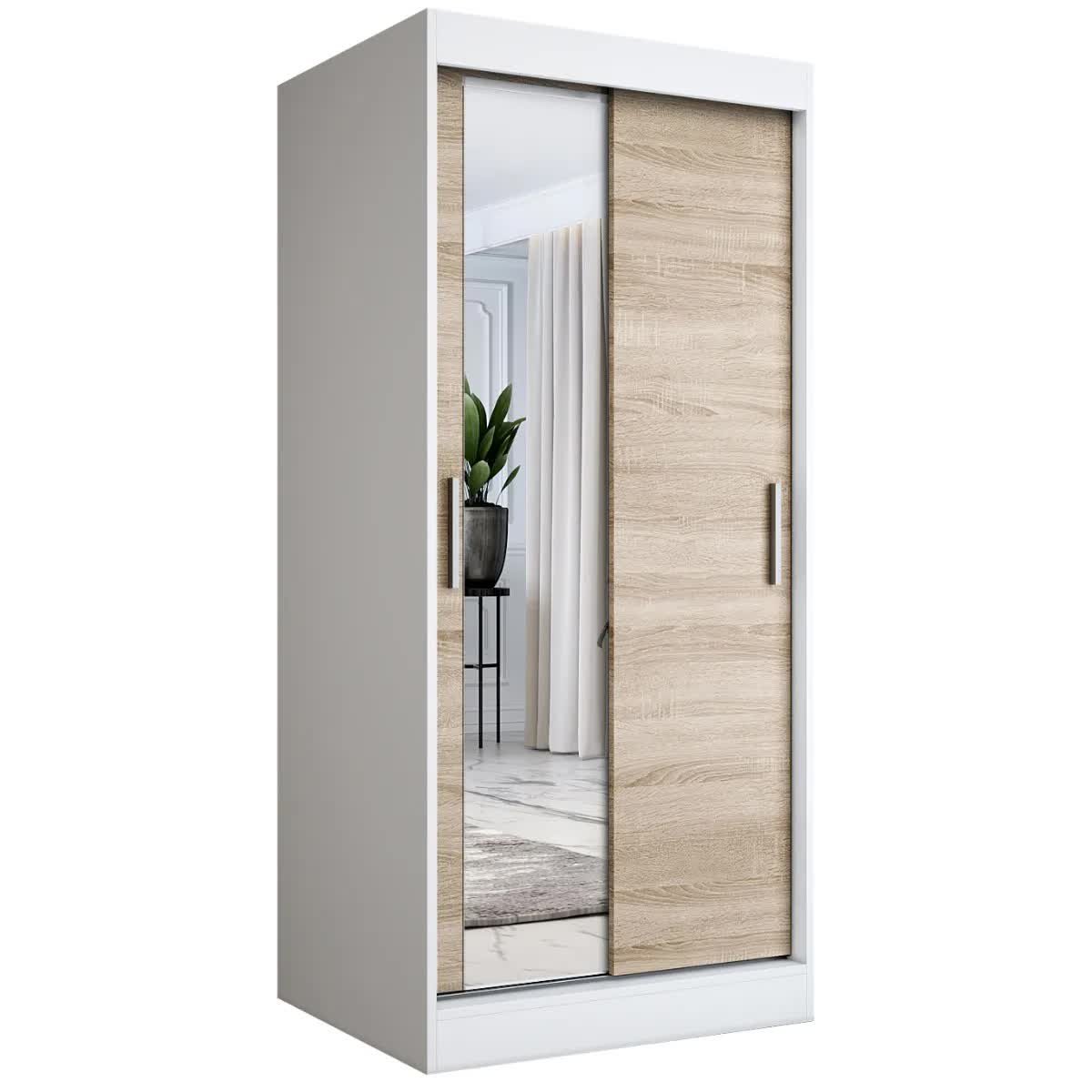 Szafa przesuwna MODUO COMFORT 90 biała mat/dąb sonoma z lustrem po lewej