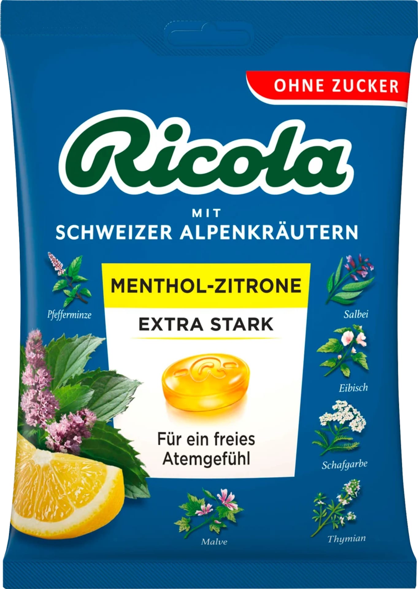 Ricola Menthol Zitrone Extra Stark Cukierki bez Cukru 75 g