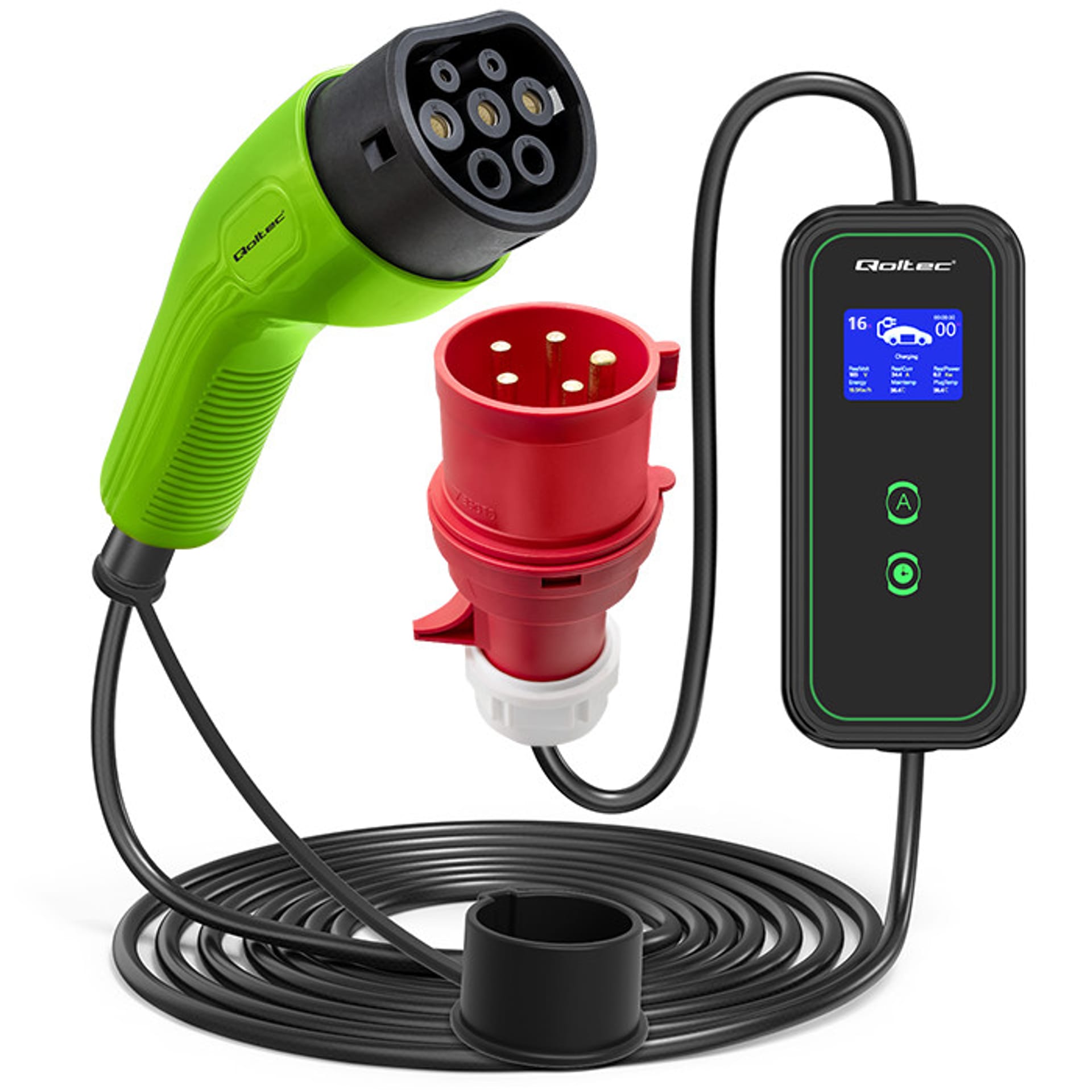Qoltec Mobilna ładowarka do samochodu elektrycznego EV z regulacją 2w1 Typ2 | 11kW | CEE 5 PIN | LCD | 3 fazy | Przenośna | Wallbox | 5m