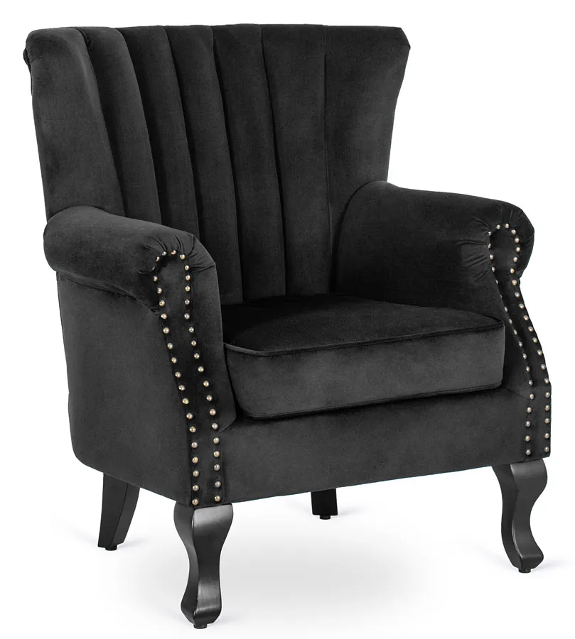 Czarny welurowy fotel uszak glamour - Reven