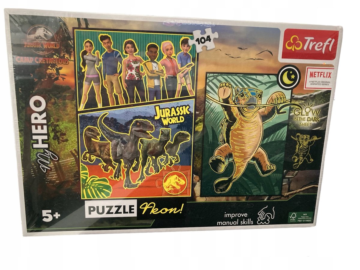 Puzzle Neon 104 Jurassic World + plakat świecący w ciemności 93398