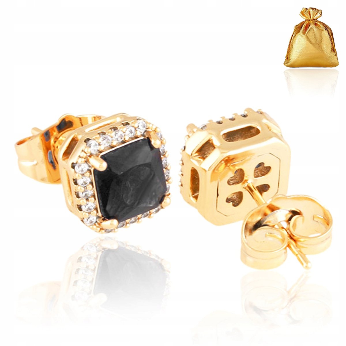 ZŁOTE KOLCZYKI ZE STALI CHIRURGICZNEJ SZTYFTY KWADRATOWE CZARNE CYRKONIE