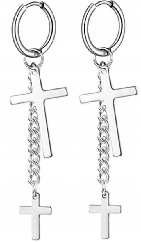 Kolczyki Do Uszu HUGGIE Łańcuch Krzyż Krzyżyk STAL