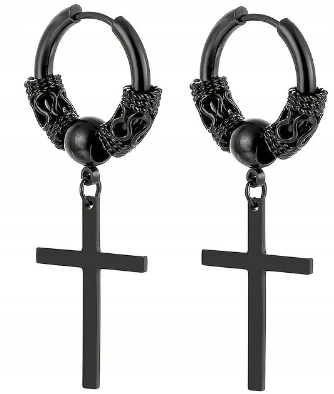 Kolczyki Do Uszu HUGGIE Krzyż Krzyżyk Kuleczka STAL Punk Gothic Rock