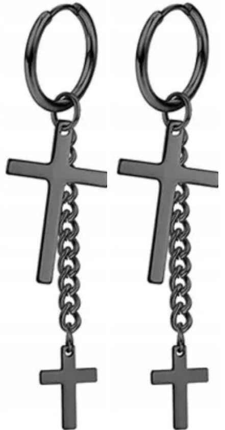 Kolczyki Do Uszu HUGGIE Łańcuch Krzyż Krzyżyk STAL