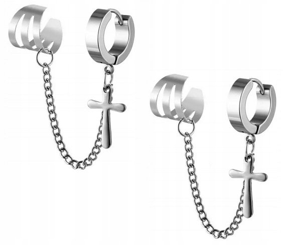 HUGGIE Kolczyki Do Uszu Krzyżyk z Łańcuszkiem Nausznica Punk Gothic STAL