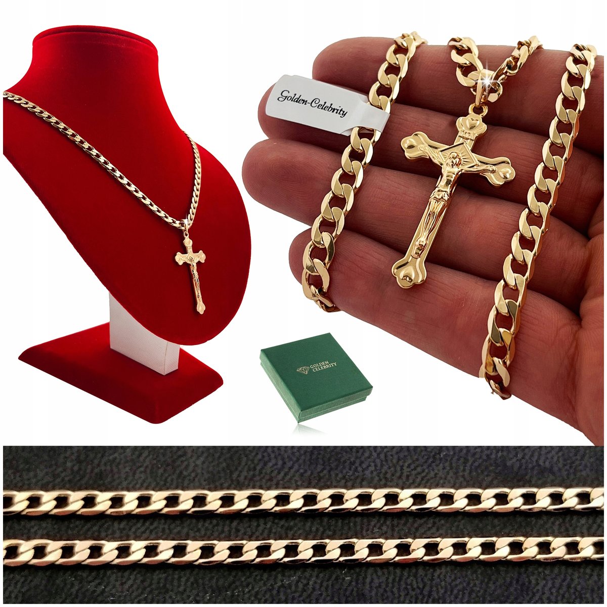 ZŁOTY GRUBY ŁAŃCUSZEK MĘSKI Z KRZYŻEM 18K STAL CHIRURGICZNA + DARMOWE DODATKI 60 CM