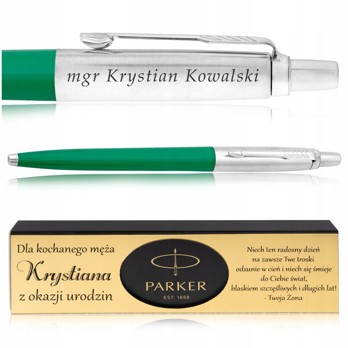 DŁUGOPIS PARKER JOTTER ZIELONY + ELEGANCKIE PUDEŁKO Z DEDYKACJĄ + GRAWER